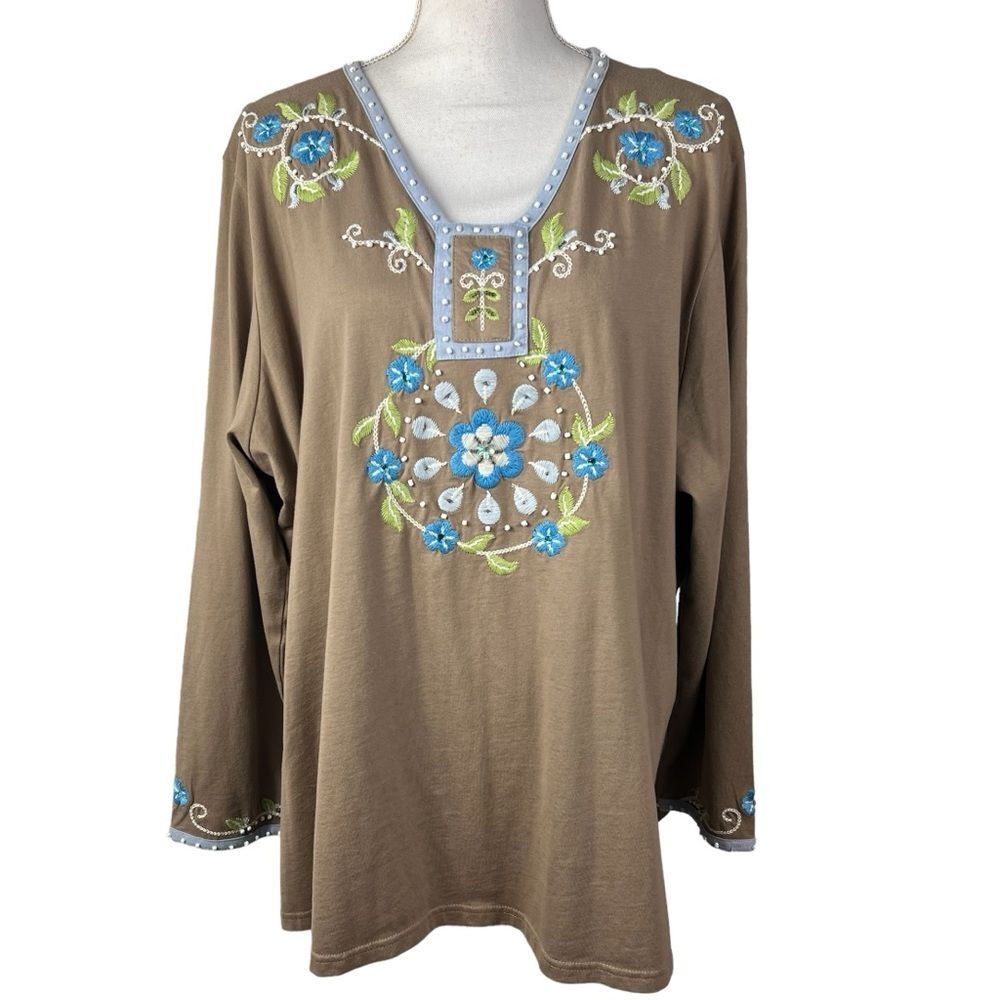 NWT Storybook Knits Embroidered Beaded Cotton V Neck Pullover Tunic 3X Boho
